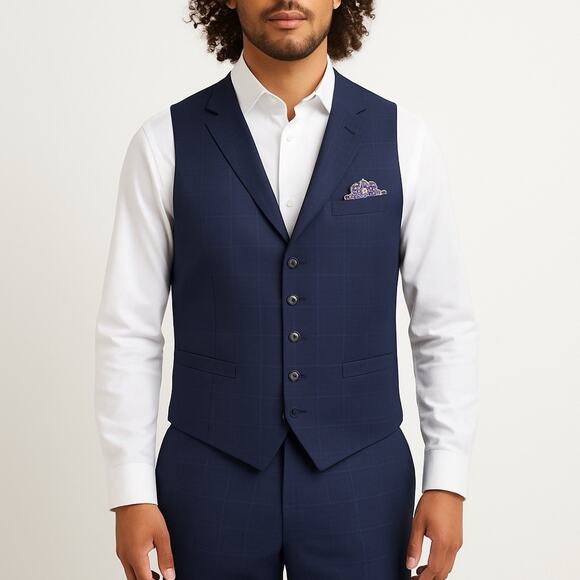 Ted Baker Men’s Wool Vest Navy Waistcoat with Patterned Lining V‑Neck Button 44R - Picture 10 of 10